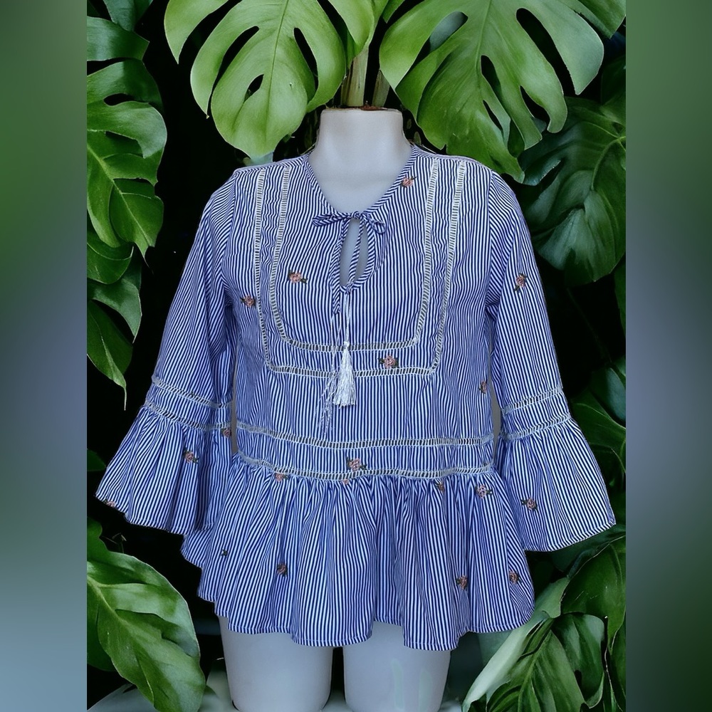 Jaase boho, peasant blouse  100% cotton stripes,embroidery, tassel top!